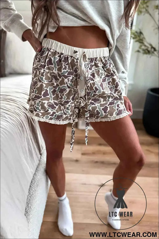 Khaki Camouflage Print Ruffle Boxer Shorts
