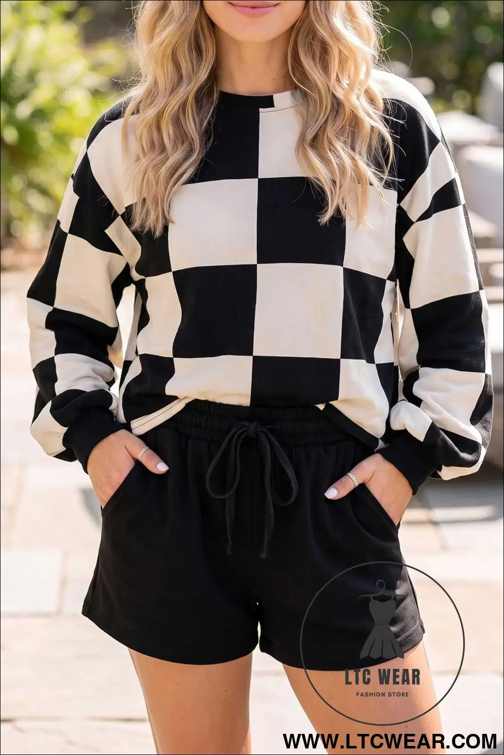 Khaki Checkerboard Plaid Long Sleeve Solid Color Shorts 2pcs Set