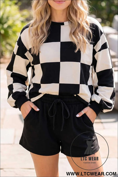 Khaki Checkerboard Plaid Long Sleeve Solid Color Shorts 2pcs Set