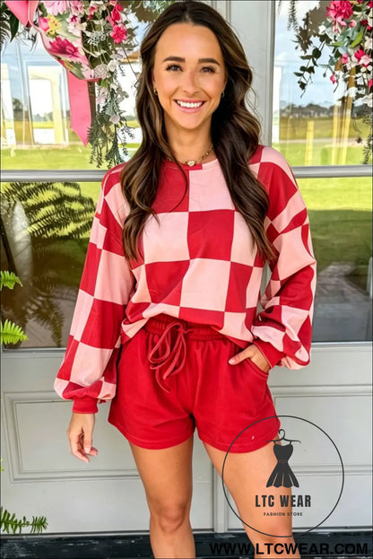 Khaki Checkerboard Plaid Long Sleeve Solid Color Shorts 2pcs Set