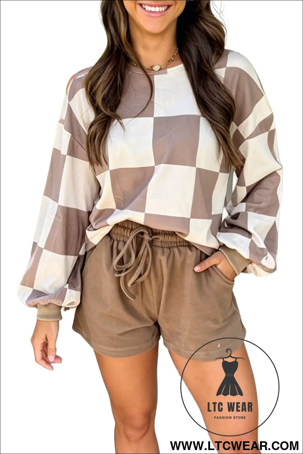Khaki Checkerboard Plaid Long Sleeve Solid Color Shorts 2pcs Set