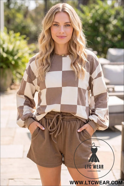 Khaki Checkerboard Plaid Long Sleeve Solid Color Shorts 2pcs Set
