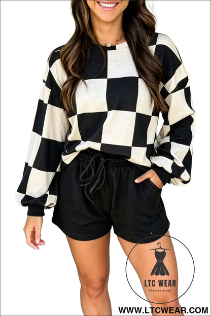 Khaki Checkerboard Plaid Long Sleeve Solid Color Shorts 2pcs Set