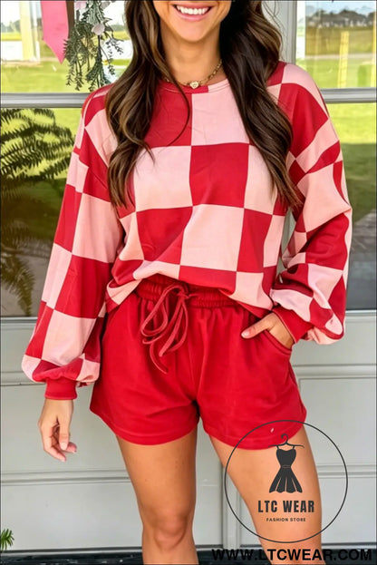 Khaki Checkerboard Plaid Long Sleeve Solid Color Shorts 2pcs Set