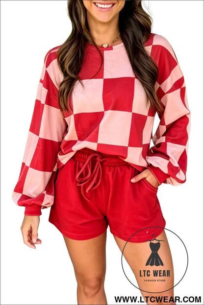 Khaki Checkerboard Plaid Long Sleeve Solid Color Shorts 2pcs Set