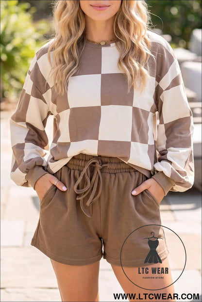 Khaki Checkerboard Plaid Long Sleeve Solid Color Shorts 2pcs Set