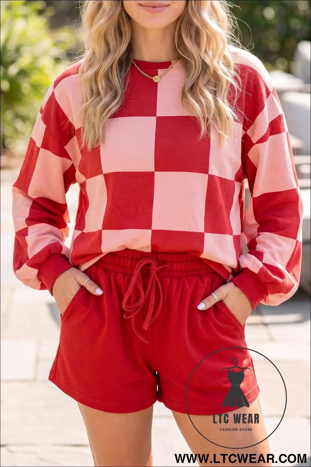 Khaki Checkerboard Plaid Long Sleeve Solid Color Shorts 2pcs Set