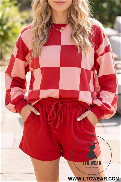 Khaki Checkerboard Plaid Long Sleeve Solid Color Shorts 2pcs Set