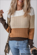 Khaki colorblock cable knit round neck sweater - khaki / l / 100% cotton - sweaters