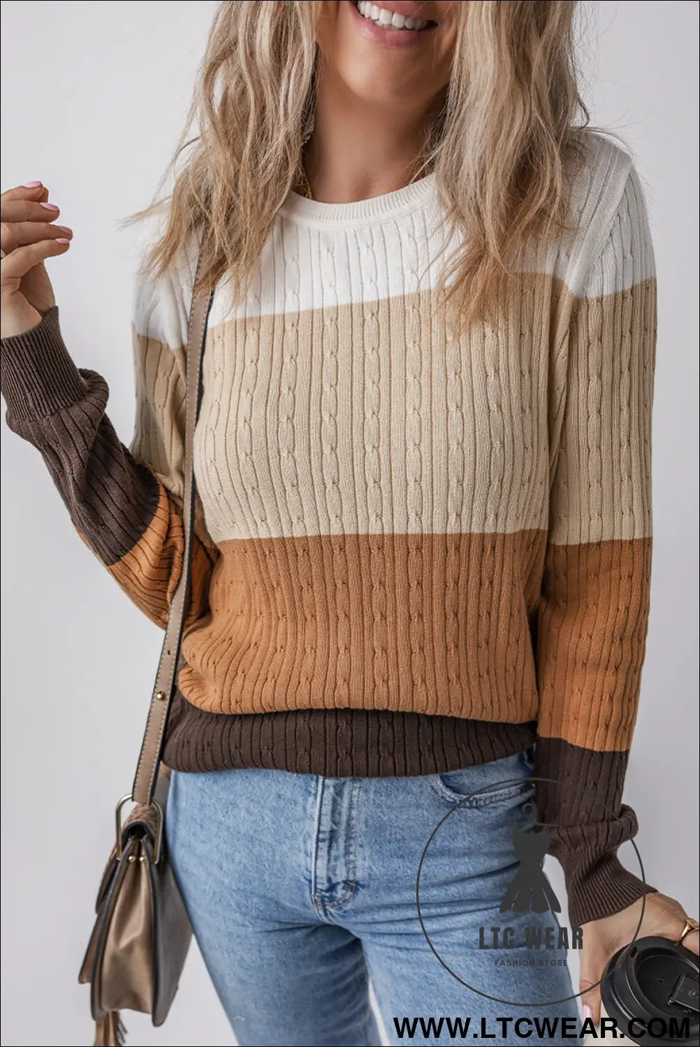 Khaki colorblock cable knit round neck sweater - khaki / l / 100% cotton - sweaters