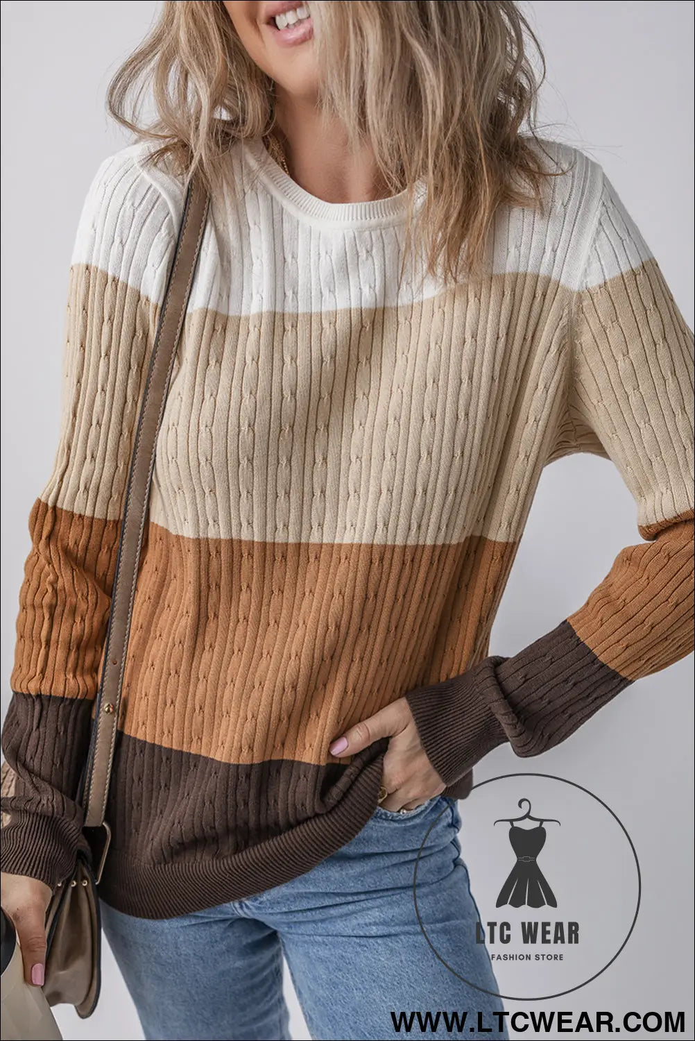 Khaki colorblock cable knit round neck sweater - sweaters
