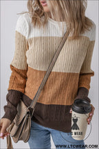 Khaki colorblock cable knit round neck sweater - sweaters