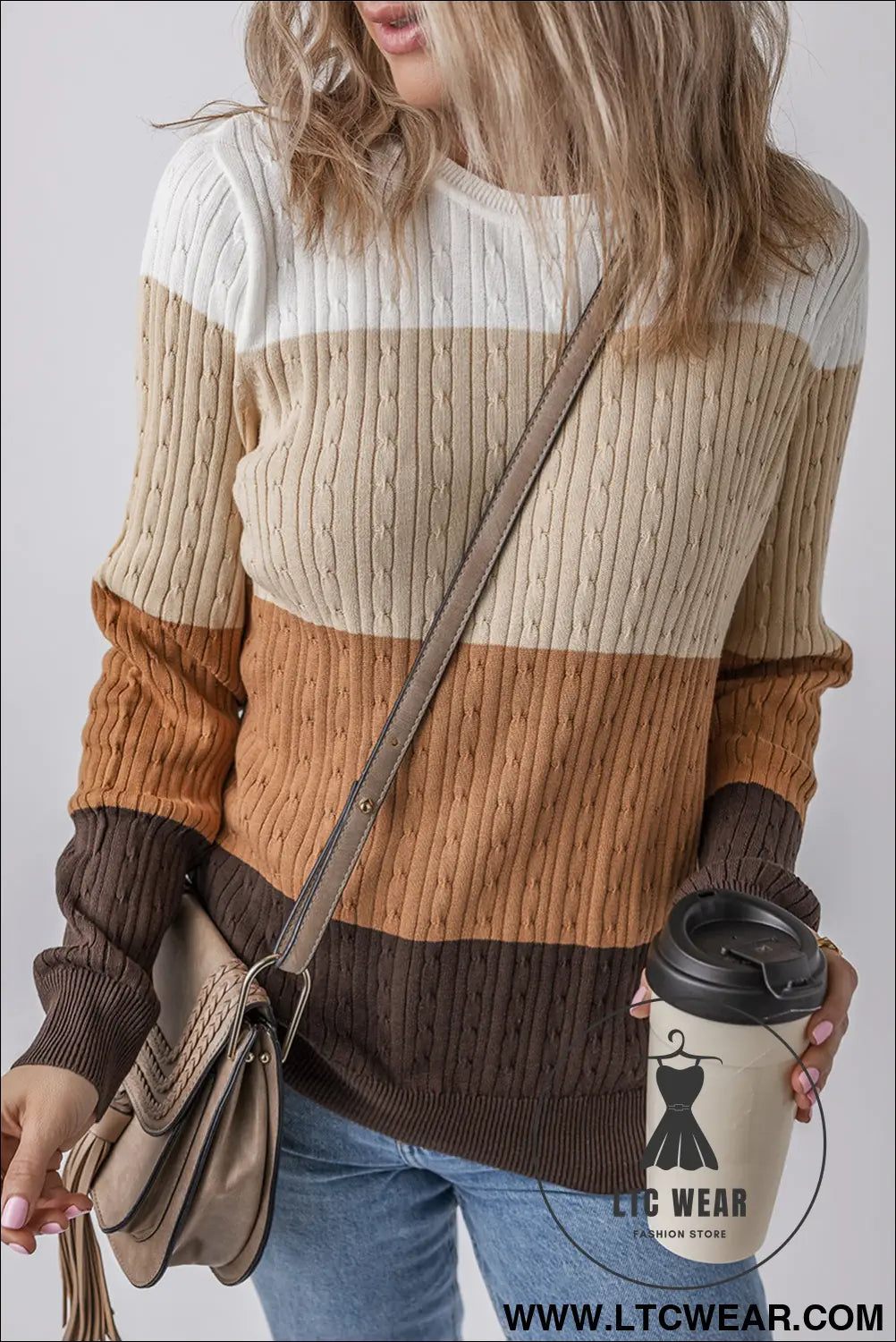 Khaki colorblock cable knit round neck sweater - sweaters