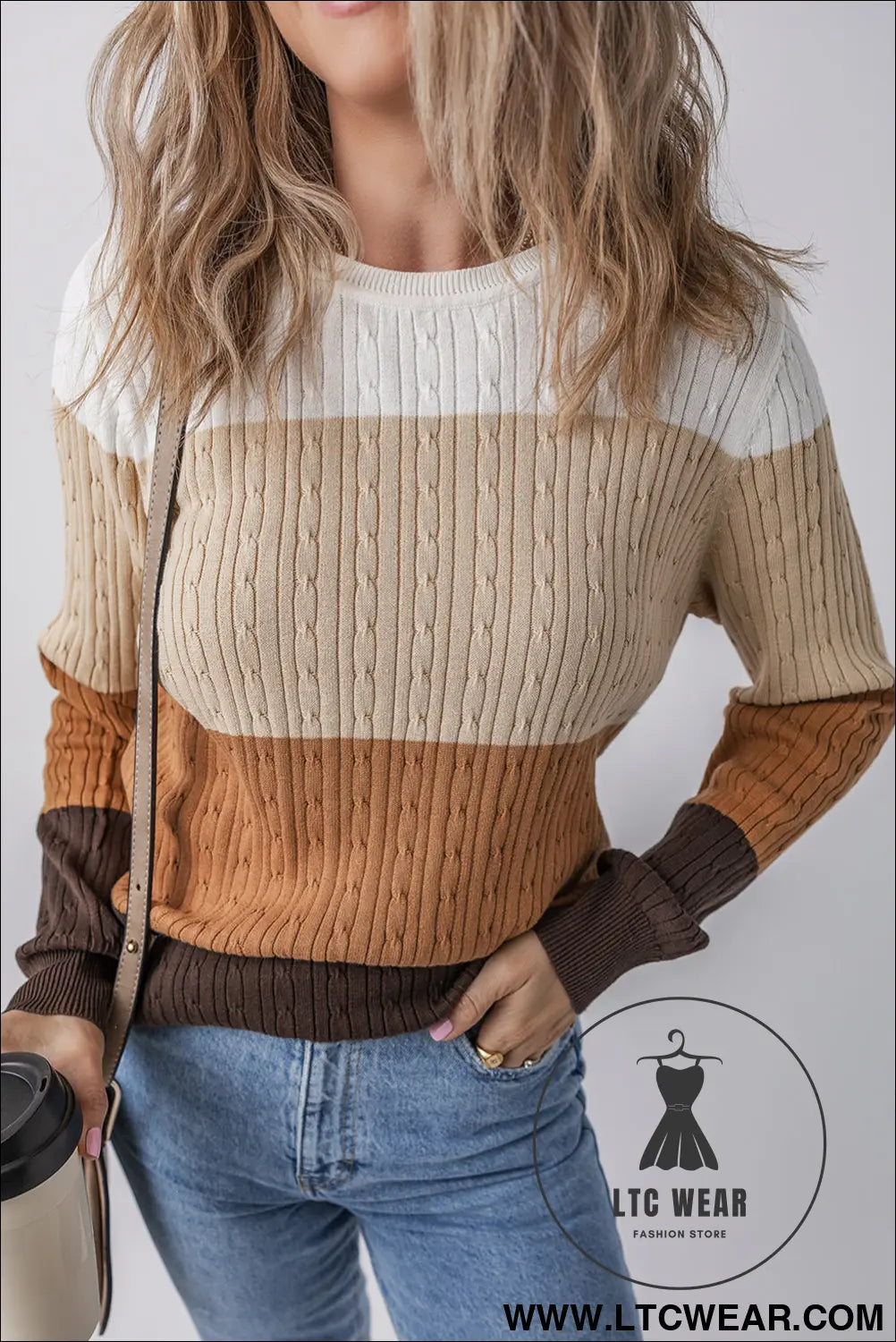 Khaki colorblock cable knit round neck sweater - sweaters