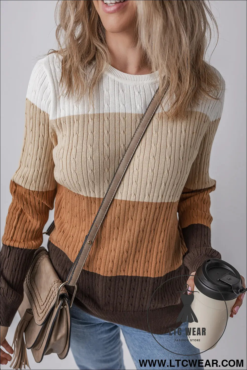 Khaki colorblock cable knit round neck sweater - sweaters