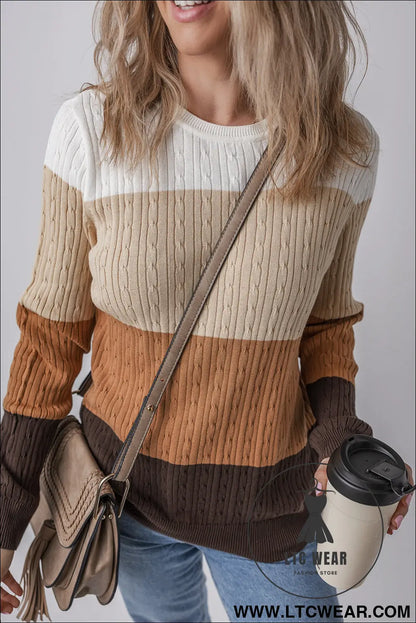 Khaki colorblock cable knit round neck sweater - sweaters