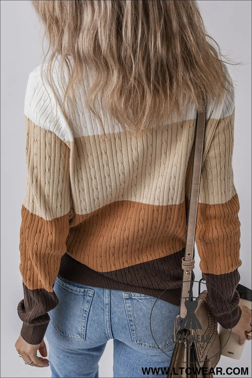 Khaki colorblock cable knit round neck sweater - sweaters