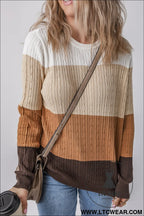 Khaki colorblock cable knit round neck sweater - sweaters