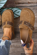 Khaki faux suede pu leather patchwork retro buckle slip on shoes - khaki / 37 / 100% polyester + 100% tpr - womens shoes