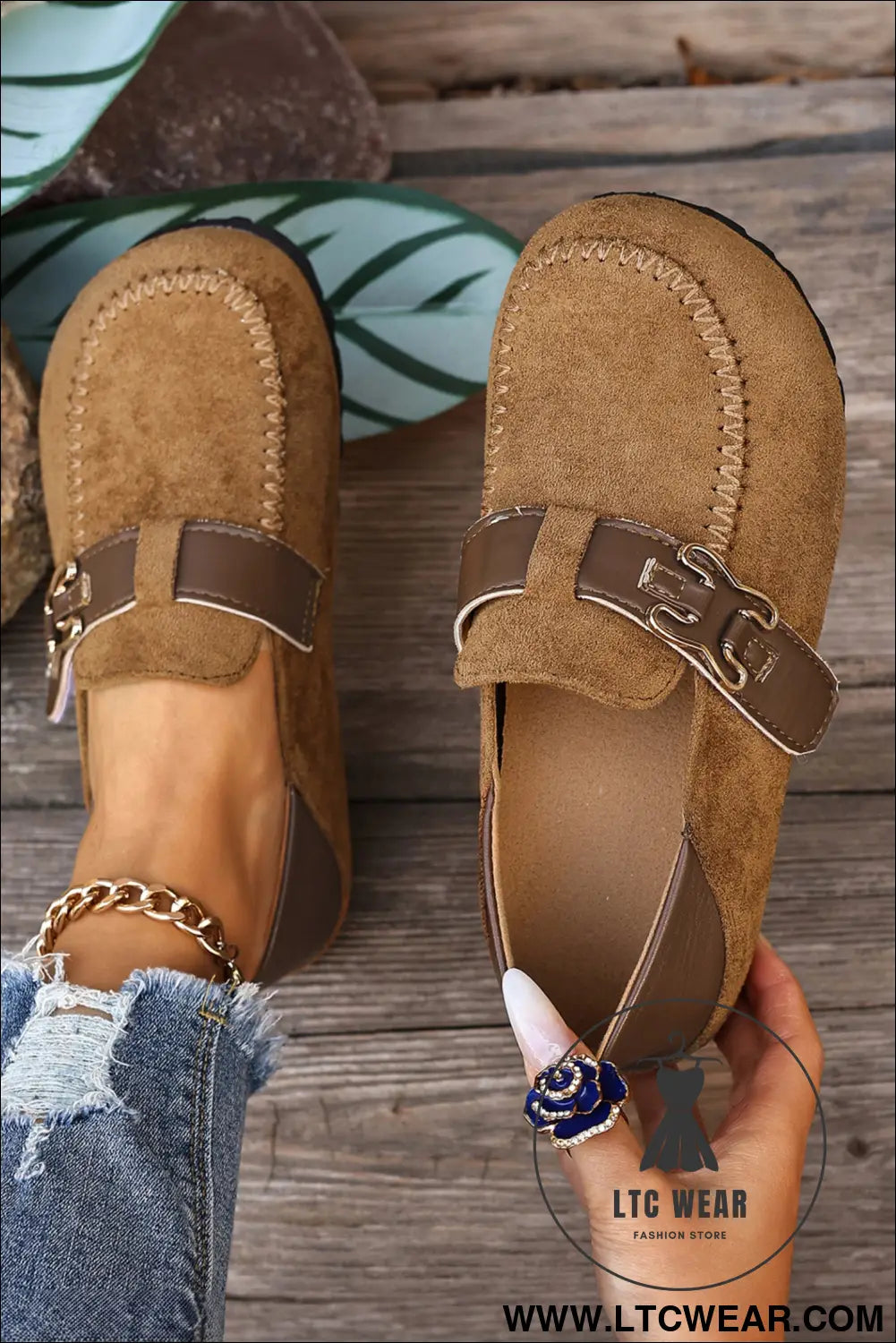 Khaki faux suede pu leather patchwork retro buckle slip on shoes - khaki / 37 / 100% polyester + 100% tpr - womens shoes