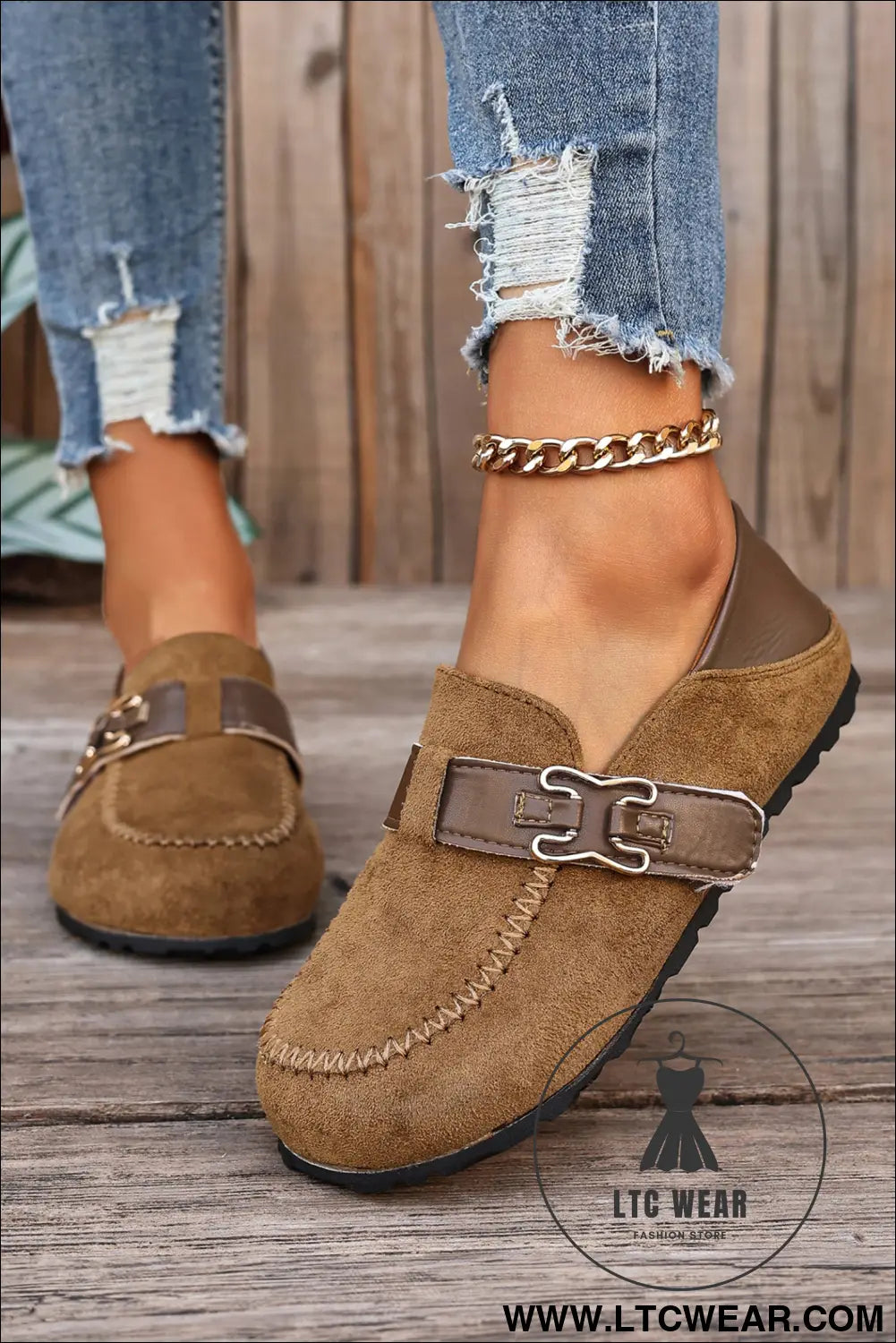 Khaki faux suede pu leather patchwork retro buckle slip on shoes - womens shoes