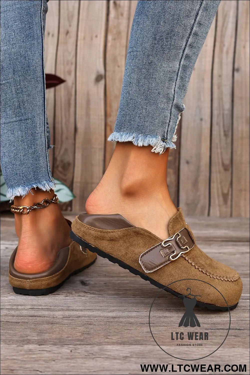 Khaki faux suede pu leather patchwork retro buckle slip on shoes - womens shoes