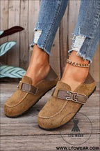 Khaki faux suede pu leather patchwork retro buckle slip on shoes - womens shoes