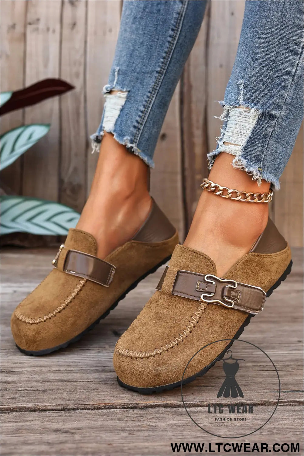 Khaki faux suede pu leather patchwork retro buckle slip on shoes - womens shoes