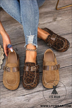 Khaki faux suede pu leather patchwork retro buckle slip on shoes - womens shoes