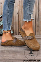 Khaki faux suede pu leather patchwork retro buckle slip on shoes - womens shoes
