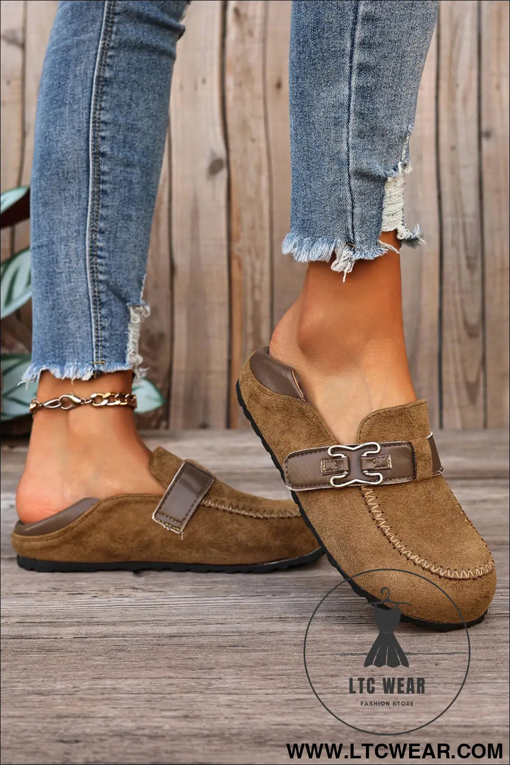 Khaki faux suede pu leather patchwork retro buckle slip on shoes - womens shoes