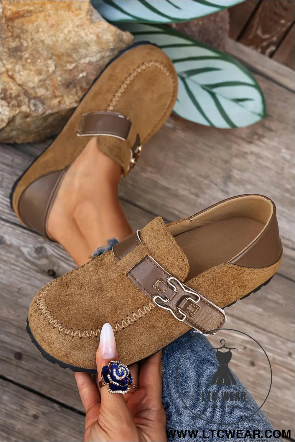 Khaki faux suede pu leather patchwork retro buckle slip on shoes - womens shoes