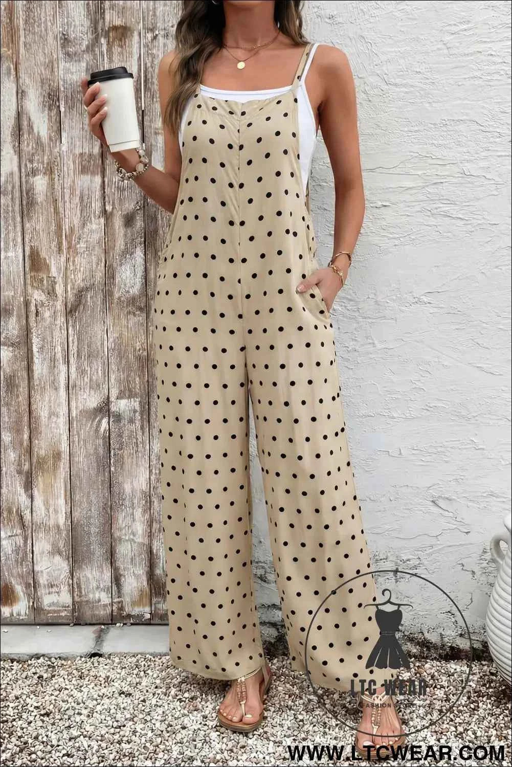 Khaki Floral Print Spaghetti Straps Loose Pocketed Jumpsuit