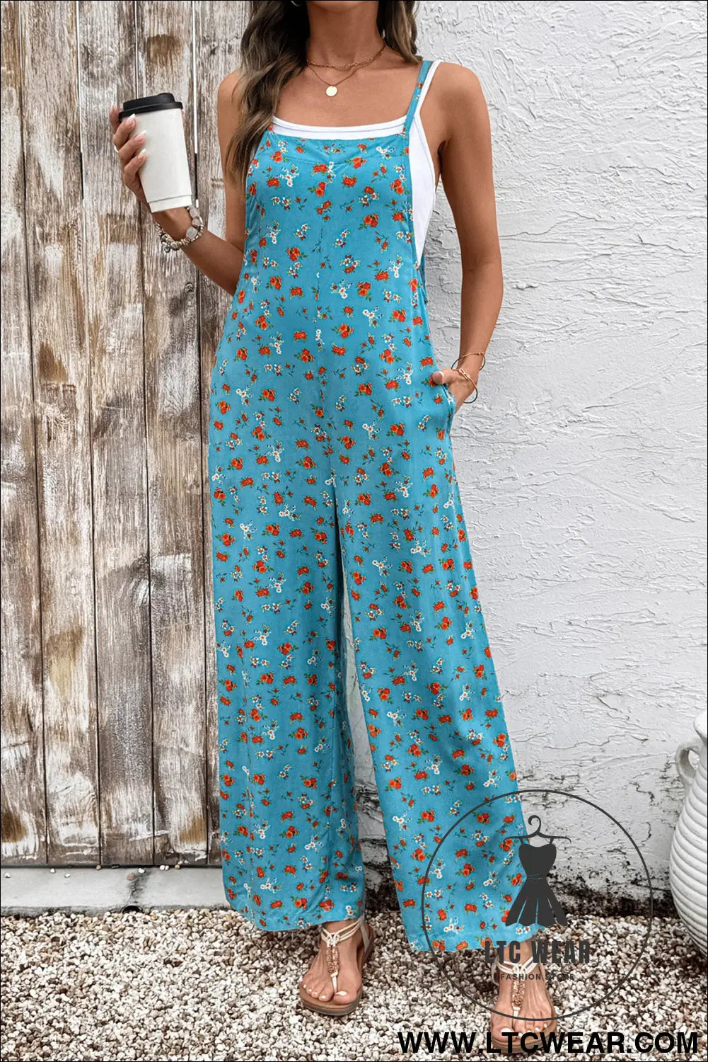 Khaki Floral Print Spaghetti Straps Loose Pocketed Jumpsuit - L.T.C Wear Online Fashion Store