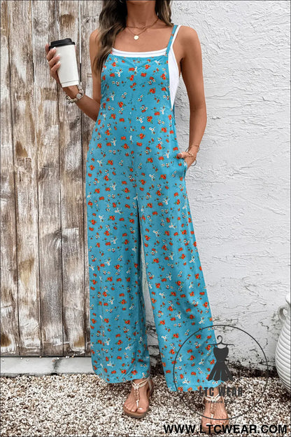 Khaki Floral Print Spaghetti Straps Loose Pocketed Jumpsuit - L.T.C Wear Online Fashion Store