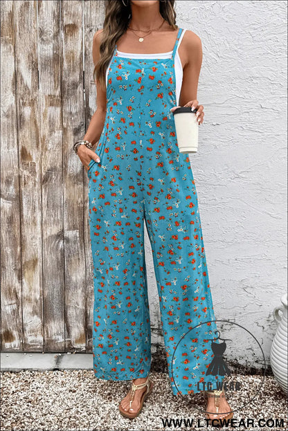 Khaki Floral Print Spaghetti Straps Loose Pocketed Jumpsuit - L.T.C Wear Online Fashion Store