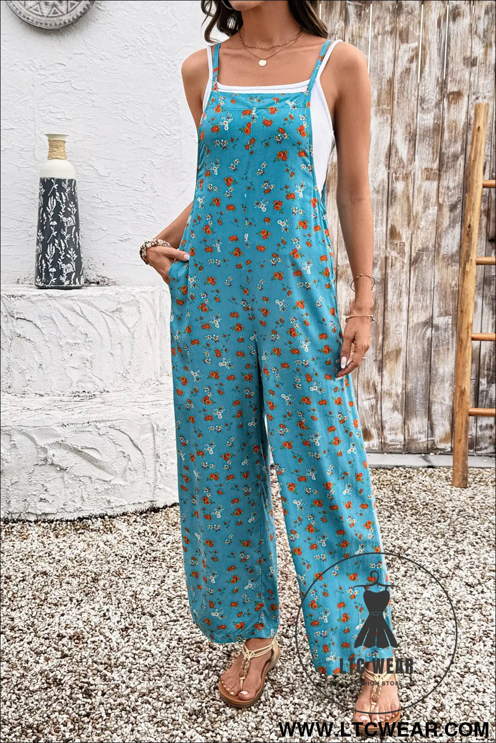 Khaki Floral Print Spaghetti Straps Loose Pocketed Jumpsuit - L.T.C Wear Online Fashion Store