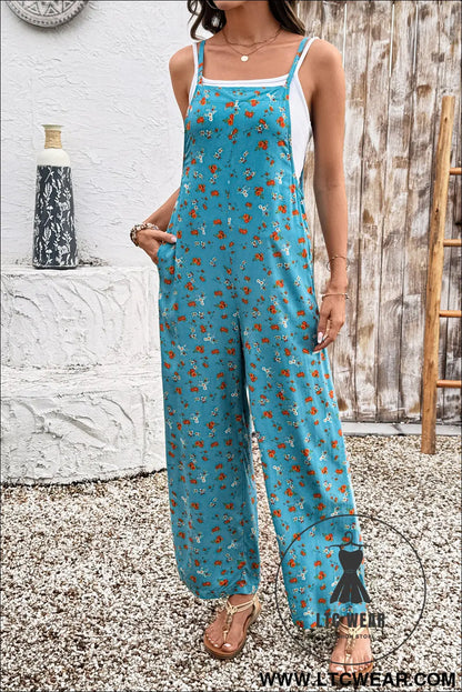 Khaki Floral Print Spaghetti Straps Loose Pocketed Jumpsuit - L.T.C Wear Online Fashion Store