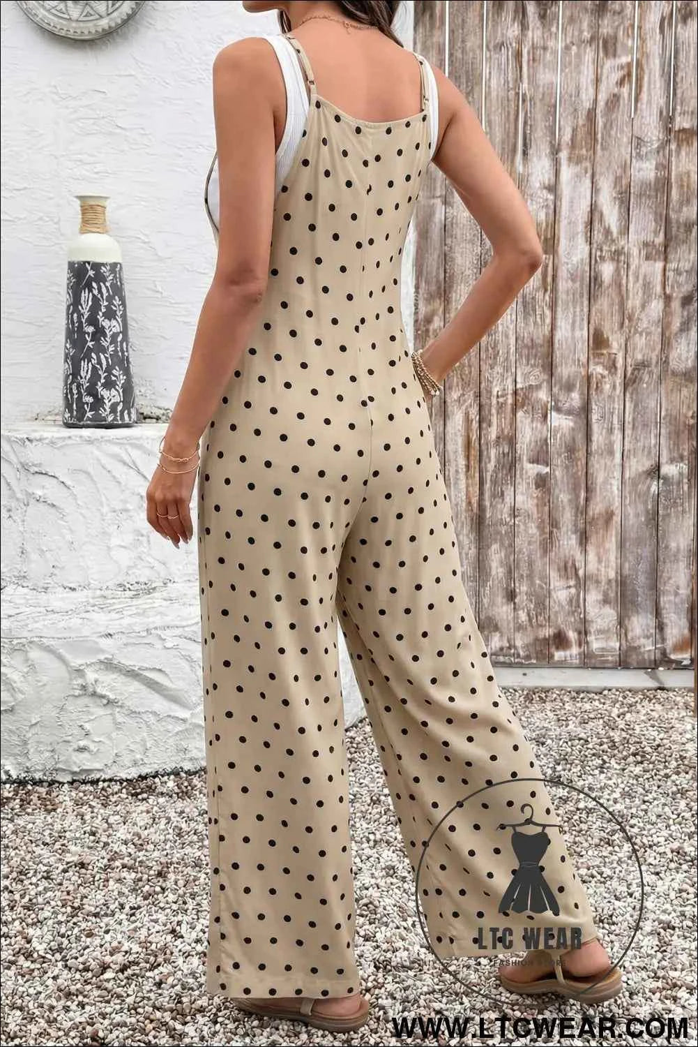 Khaki Floral Print Spaghetti Straps Loose Pocketed Jumpsuit
