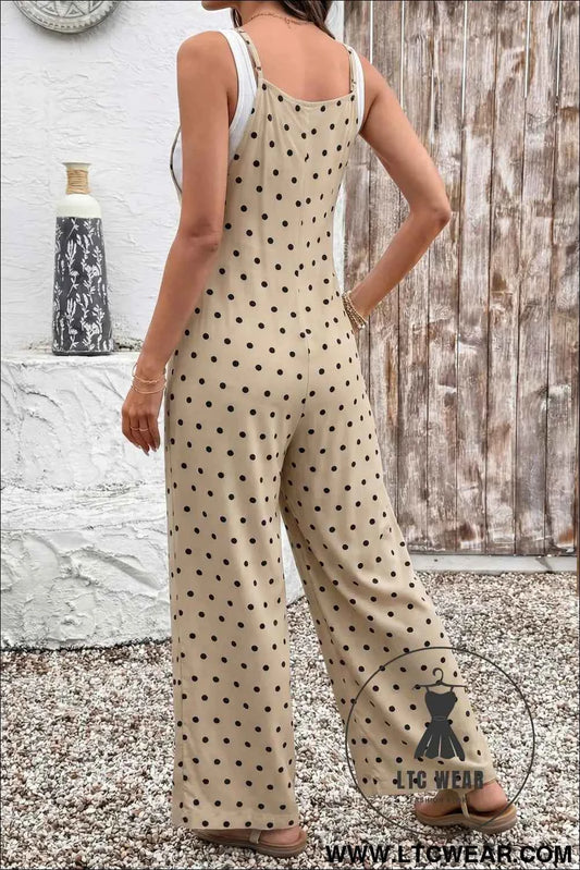 Khaki Floral Print Spaghetti Straps Loose Pocketed Jumpsuit
