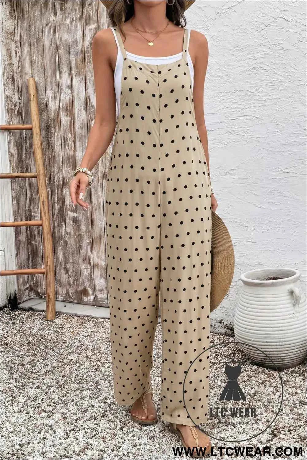Khaki Floral Print Spaghetti Straps Loose Pocketed Jumpsuit