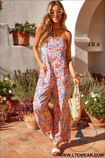 Khaki Floral Print Spaghetti Straps Loose Pocketed Jumpsuit - L.T.C Wear Online Fashion Store