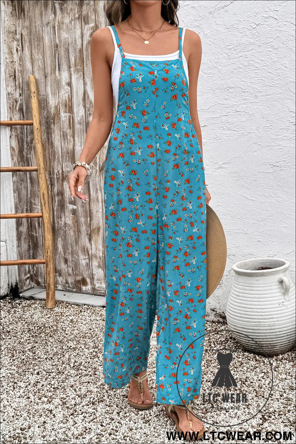 Khaki Floral Print Spaghetti Straps Loose Pocketed Jumpsuit - L.T.C Wear Online Fashion Store