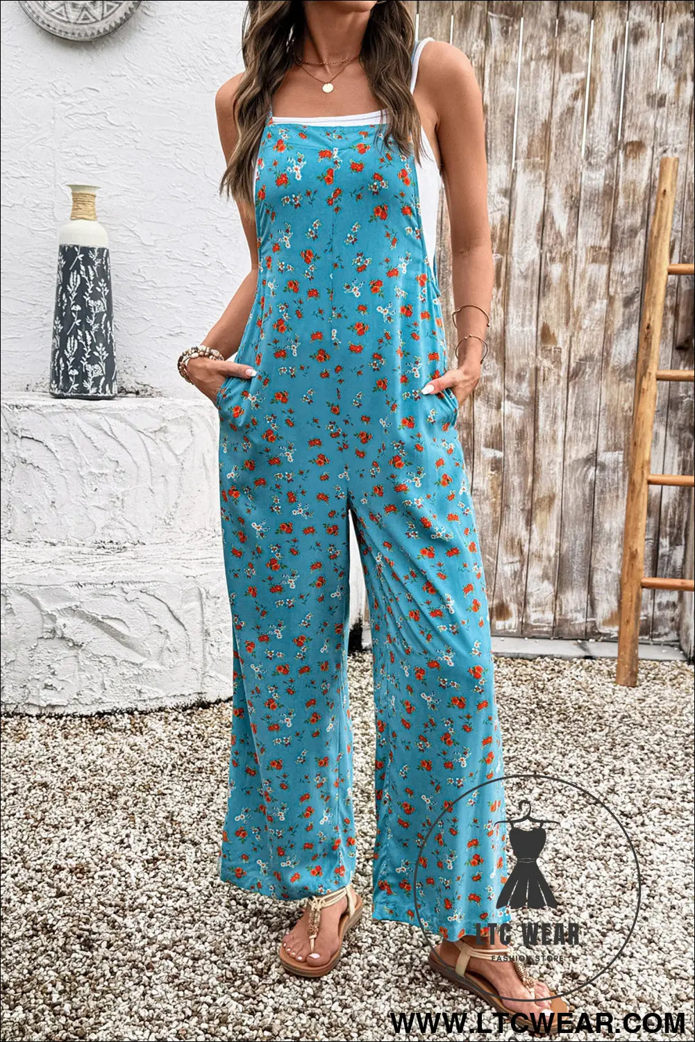 Khaki Floral Print Spaghetti Straps Loose Pocketed Jumpsuit - L.T.C Wear Online Fashion Store