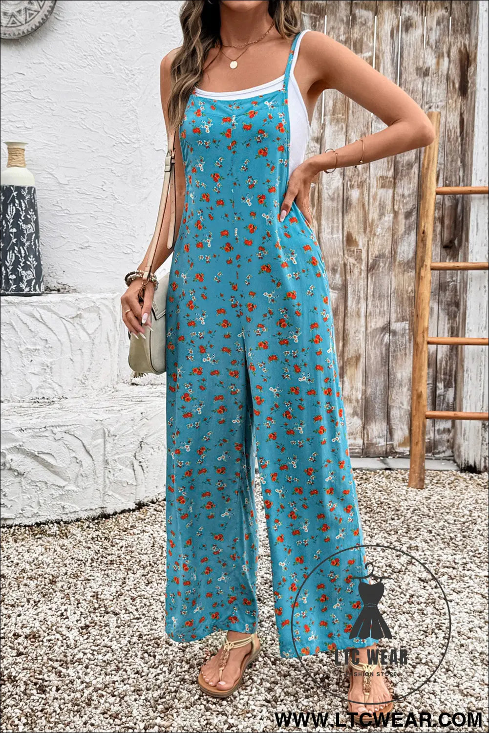 Khaki Floral Print Spaghetti Straps Loose Pocketed Jumpsuit - L.T.C Wear Online Fashion Store