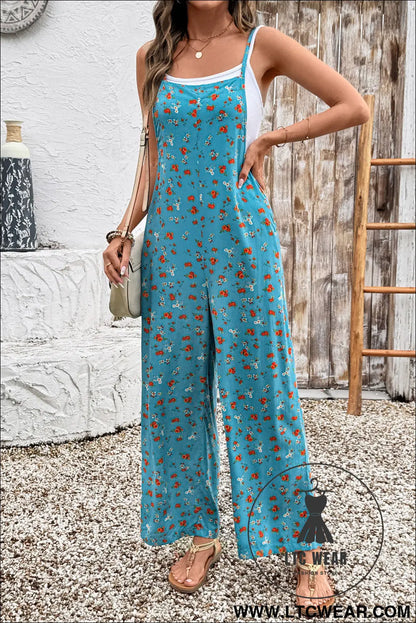 Khaki Floral Print Spaghetti Straps Loose Pocketed Jumpsuit - L.T.C Wear Online Fashion Store
