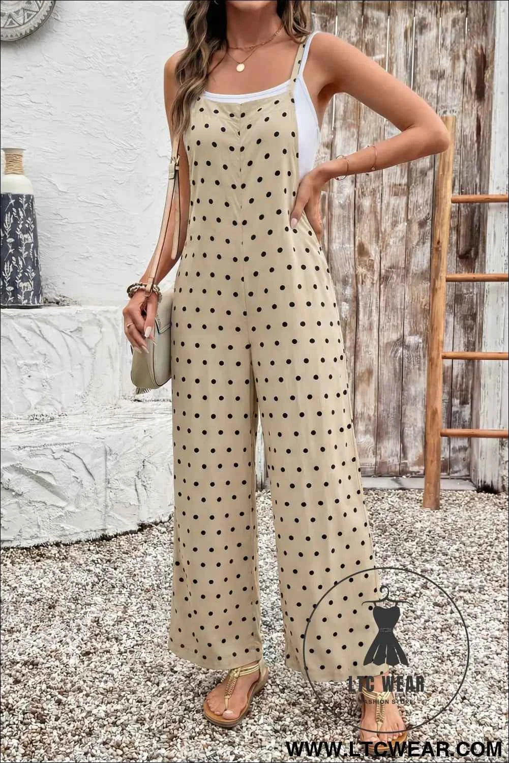 Khaki Floral Print Spaghetti Straps Loose Pocketed Jumpsuit