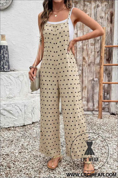 Khaki Floral Print Spaghetti Straps Loose Pocketed Jumpsuit