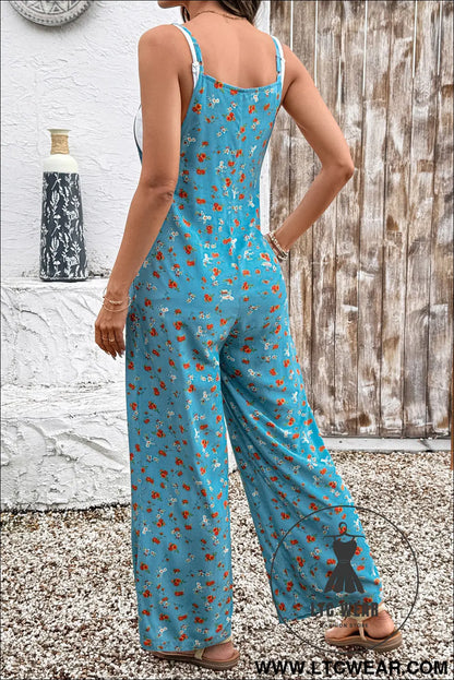 Khaki Floral Print Spaghetti Straps Loose Pocketed Jumpsuit - L.T.C Wear Online Fashion Store