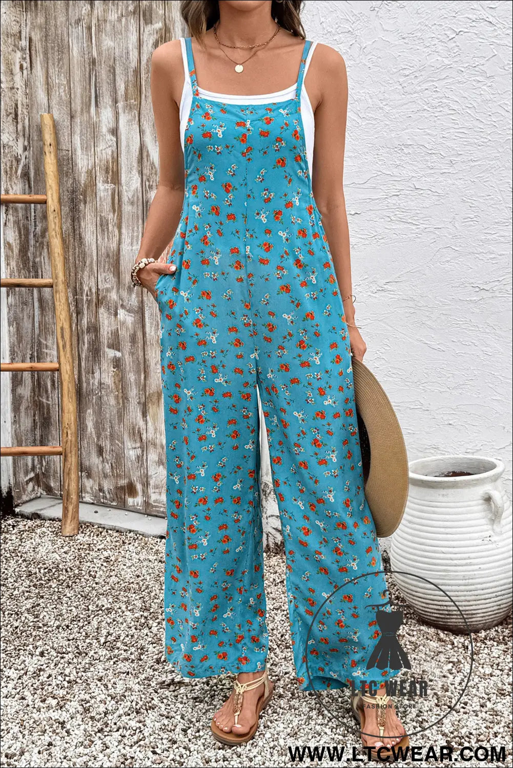 Khaki Floral Print Spaghetti Straps Loose Pocketed Jumpsuit - L.T.C Wear Online Fashion Store